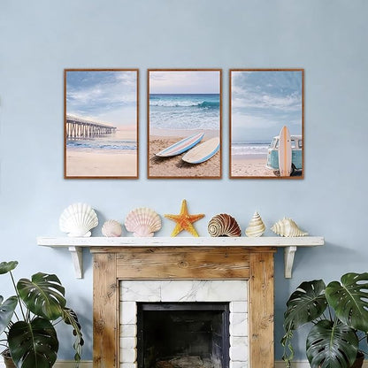 KAlRNE Coastal Seascape Wall Art Set of 3(16”X24”),Modern Ocean Beach Wall Decor,Seaside Holiday Surfboard Framed Canvas Paintings,Vintage Bridge Blue Bus Art Prints For Living Room Bedroom Office
