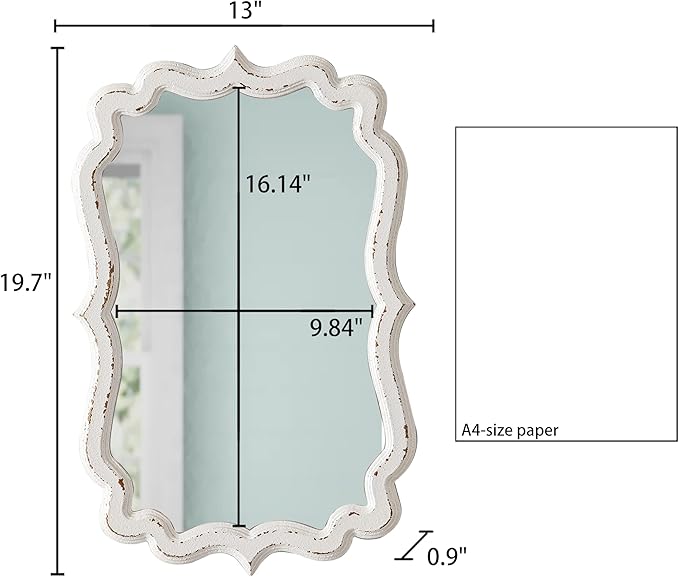 Vintage Scalloped White Mirrors for Wall Decor Living Room 13 X 20 Inches, Distressed Finish Carved Wooden Framed Hanging Makeup Mirror, Bathroom Vanity Mirrors, Horizontal or Vertical