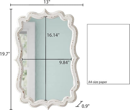 Vintage Scalloped White Mirrors for Wall Decor Living Room 13 X 20 Inches, Distressed Finish Carved Wooden Framed Hanging Makeup Mirror, Bathroom Vanity Mirrors, Horizontal or Vertical