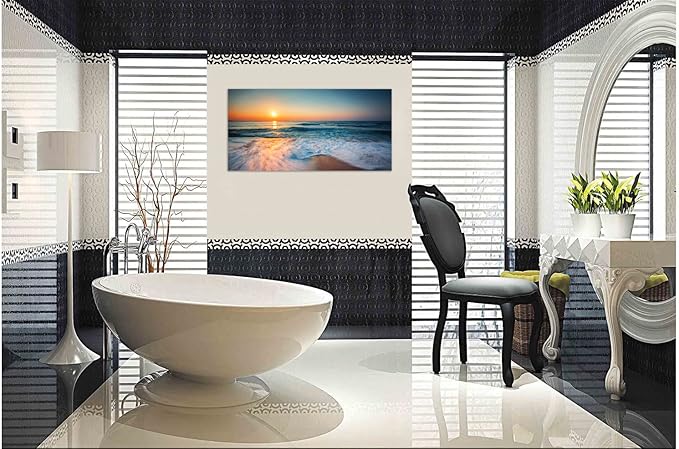 TutuBeer 1 Panel Beach Pictures Wall Art Blue Sea White Beach at Sunrise Pictures Print on Canvas Sea Wall Decor Seascape Paintings for Home Decor Stretched and Framed Easy to Hang 12x24 inch