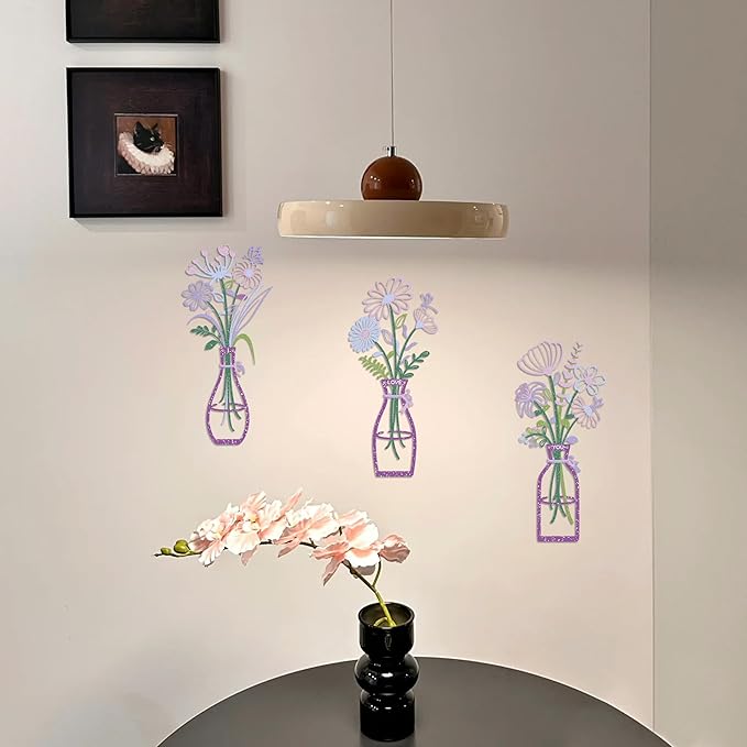Metal Flower Wall Decor, 3-Piece Purple-Pink Metal Floral and Vase Art, Minimalist Wall Sculptures for Living Room, Bedroom, Bathroom, Kitchen, Lightweight and Easy to Hang