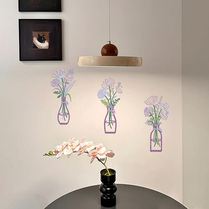 Metal Flower Wall Decor, 3-Piece Purple-Pink Metal Floral and Vase Art, Minimalist Wall Sculptures for Living Room, Bedroom, Bathroom, Kitchen, Lightweight and Easy to Hang