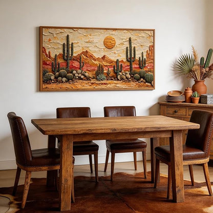 Aurlan Boho Cactus Arizona Desert Landscape Framed Wall Art(40"x20"), 3D Textured Orange Green Sunset Nature Canvas Artwork, Large Abstract Vintage Southwestern Aztec Mexican Succulent Painting Decor for Home Office Living Room Bedroom
