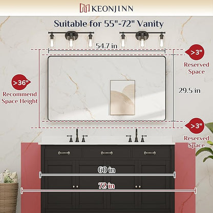 Keonjinn Black Bathroom Mirror, 55” x 30” Rounded Rectangle Sandblasted Finish Bathroom Mirrors for Over Sink, Large Matte Black Vanity Mirror with Seamless Frame, HD Tempered Glass Farmhouse Mirror
