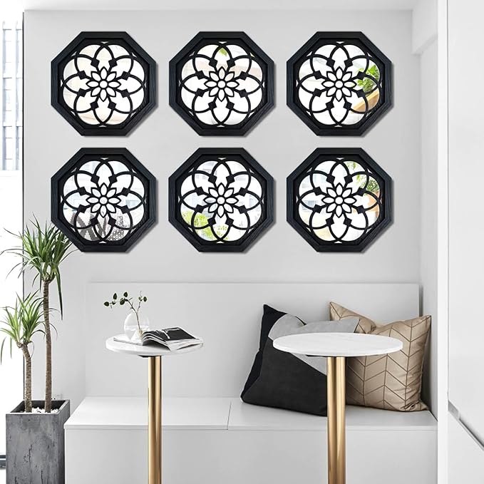 ZOLAPI 2-Piece Octagon Wall-Mounted Mirrors,Vintage Farmhouse Mirror for Wall Decor,Black Decorative Accent Mirror for Foyer, Bathroom, Bedroom. (12”x12”)