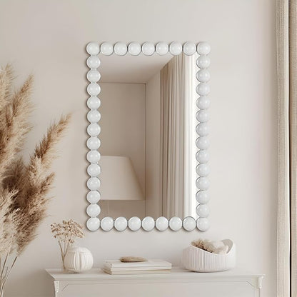 Decorative Beaded Wall Mirror – Modern Rectangular Accent Mirror, 20″x30″, for Living Room, Bedroom, Bathroom, Entryway & Office – Available in Gold, Black, & White (White)