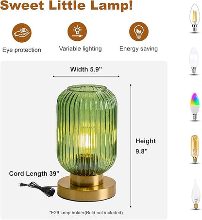 Bedside Table Lamp with Green Glass Shade, Small Nightlight Lamp Elegant Glass Nightstand Lamps Modern Desk Light with Plug-in Style for Bedroom Living Room Tabletop Dia5.9 x H9.8