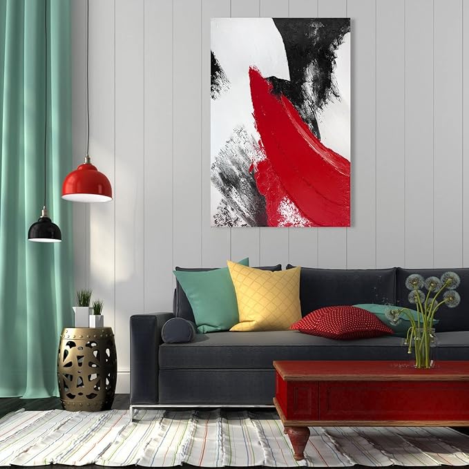 YPY Red Abstract Canvas Wall Art: Modern Minimalist Black and White Picture Handmade Textured Oil Painting Poster for Living Room Bedroom Bathroom Office Home Wall Decor 24x36