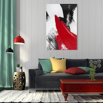 YPY Red Abstract Canvas Wall Art: Modern Minimalist Black and White Picture Handmade Textured Oil Painting Poster for Living Room Bedroom Bathroom Office Home Wall Decor 24x36