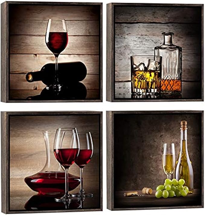 Wieco Art Framed Canvas Wall Art Red Wine Cups Modern 4 Pieces Abstract Canvas Prints Artwork Contemporary Vintage Pictures for kitchen Wall decorations Bar Interior Decor