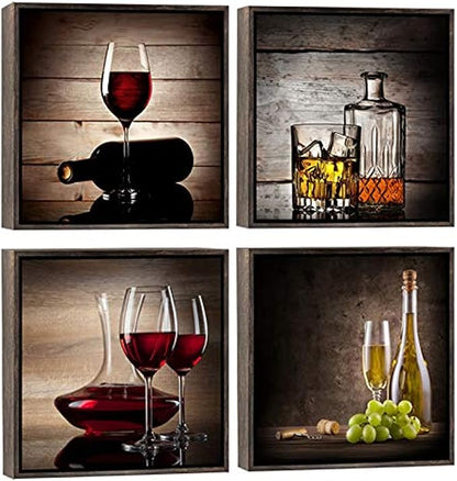 Wieco Art Framed Canvas Wall Art Red Wine Cups Modern 4 Pieces Abstract Canvas Prints Artwork Contemporary Vintage Pictures for kitchen Wall decorations Bar Interior Decor