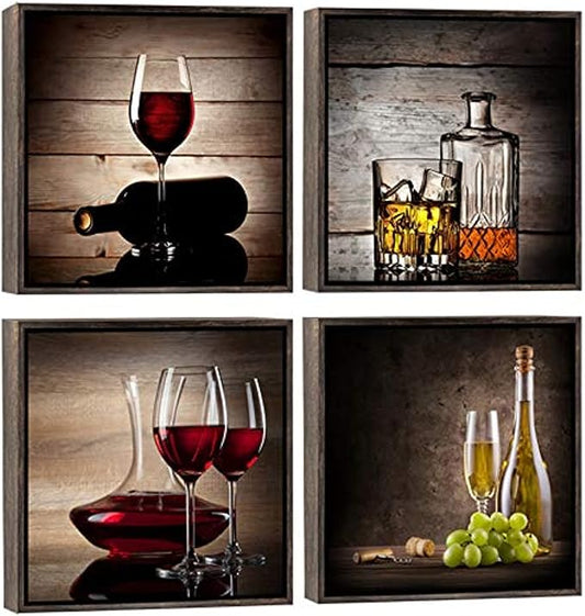 Wieco Art Framed Canvas Wall Art Red Wine Cups Modern 4 Pieces Abstract Canvas Prints Artwork Contemporary Vintage Pictures for kitchen Wall decorations Bar Interior Decor