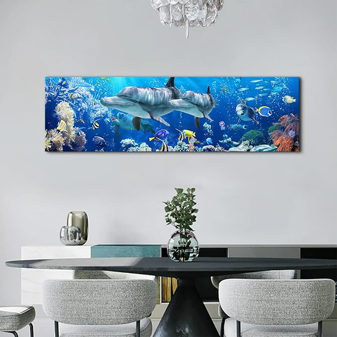 Ocean Dolphin Wall Art for Bathroom Nautical Theme Picture Photo Coastal Room Decor Nature Blue Seascape Painting Prints Under The Sea World Landscape Poster Artwork Living Room Home Decoration 14x48"