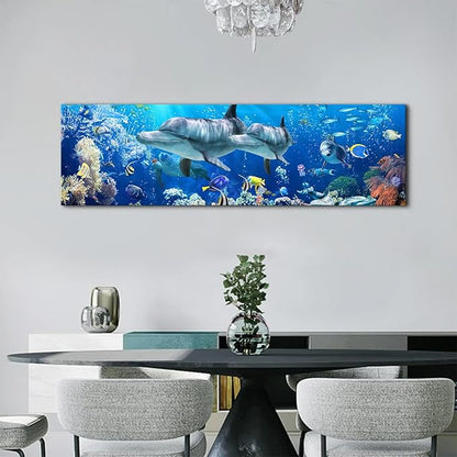 Ocean Dolphin Wall Art for Bathroom Nautical Theme Picture Photo Coastal Room Decor Nature Blue Seascape Painting Prints Under The Sea World Landscape Poster Artwork Living Room Home Decoration 14x48"