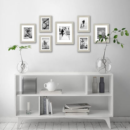 Americanflat Set of 7 Picture Frames with Shatter-Resistant Glass - Gallery Wall Frame Set with One 11x14, Two 8x10 and Four 5x7 Frames - Signature Collection - Light Wood