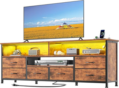 Furologee 63 Inch Entertainment Center,TV Stand for Bedroom for 65 70 Inch TVs, 6 Drawers Dresser with Power Outlets and LED Lights, Media Console for Living Room, Rustic Brown