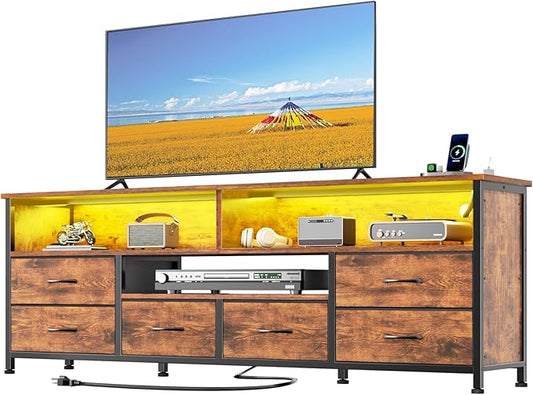 Furologee 63 Inch Entertainment Center,TV Stand for Bedroom for 65 70 Inch TVs, 6 Drawers Dresser with Power Outlets and LED Lights, Media Console for Living Room, Rustic Brown