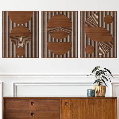 Homenthus 3 Pcs Abstract Wood Wall Art, Mid Century Modern Geometric Wood Wall Decor Minimalist Wooden Wall Art Decor Panels for Boho Living Room Bedroom Kitchen Dining Room Office Home Wall Decor
