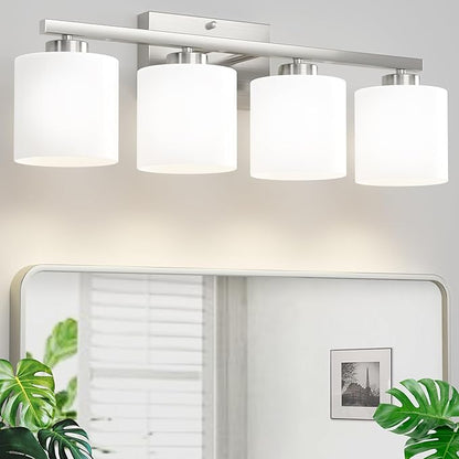 Honesorn 4-Light Bathroom Vanity Light Fixture, Brushed Nickel, Modern With Frosted Shade & Anti-Rust Finish, E26 Base Lighting