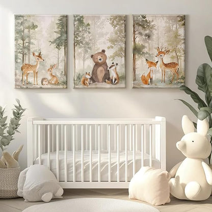 Woodland Nursery Wall Art Decor Animal Forest Canvas Prints Baby Boy Room Wall Decor Bear Nursery Nature Pictures Deer Prints Artwork for Boy Girl Kids Bedroom 16x24 Inch Wrapped Canvas Set of 3