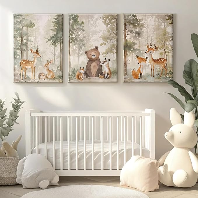 Woodland Nursery Wall Art Decor Animal Forest Canvas Prints Baby Boy Room Wall Decor Bear Nursery Nature Pictures Deer Prints Artwork for Boy Girl Kids Bedroom 12x16 Inch Wrapped Canvas Set of 3