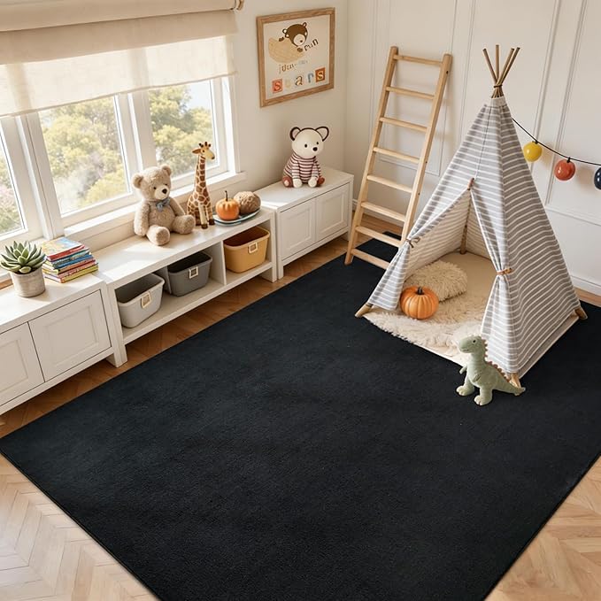 FinRèc 7x10 Washable Area Rugs for Bedroom Living Room, Low Pile Thin Rug Solid Color, Non-Slip Carpet Indoor for Home Decor (Pure Black)