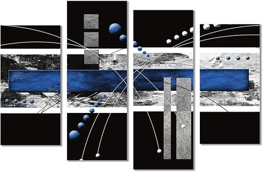 YPY Black Blue Canvas Wall Art - 4 Panels Modern Abstract Picture Set for Home Decoration - Extra Large Contemporary Painting Artwork Ready to Hang Living Room Bedroom W64 x H42