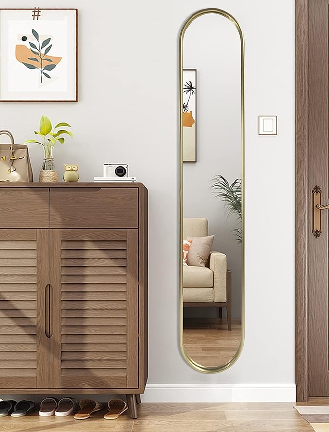 OUSHUAI Gold Full Length Oval Mirror,Narrow Capsule Long Mirrors with Metal Frame for Entryway,Hallway,Living Room 44"X8" (1pc)