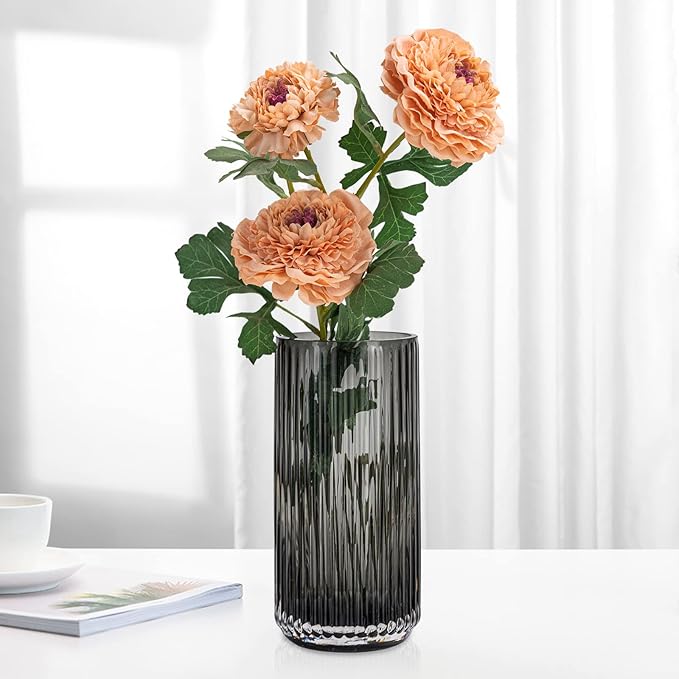 TIMEFOTO Flower Vase 10 inch Grey Thickened Hand Blow Glass Vase Round Vintage Striped Bottles for Bookshelf,Dinner Table,Indoor Office Desktop,Meeting Room,Bathroom,Countertop,Home