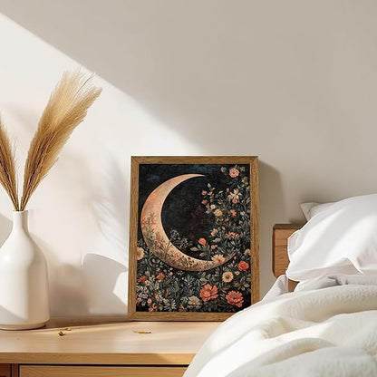 JLTULT Framed Vintage Floral and Moon Canvas Wall Art, Dark Mystical Celestial Floral Wall Decor, William Morris Gothic Prints Artwork for Bedroom Living Room Office Decoration 8x10 inch Easy to Hang
