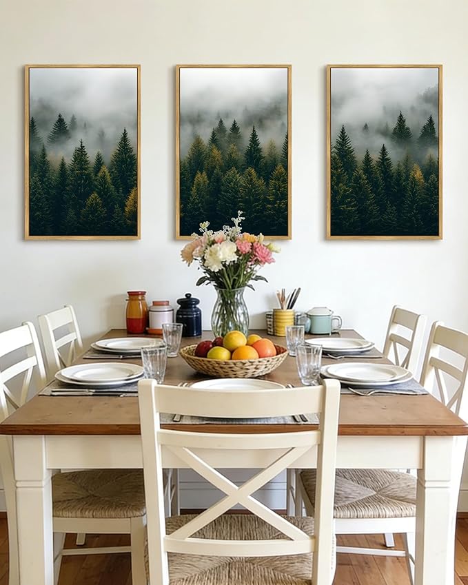 Drsoum Fog Pine Tree Landscape Wall Art Framed Nature Misty Nordic Forests Prints Morden Farmhouse Rustic Artwork Hallway Bathroom Ready to Hang 16x24in Natural Framed