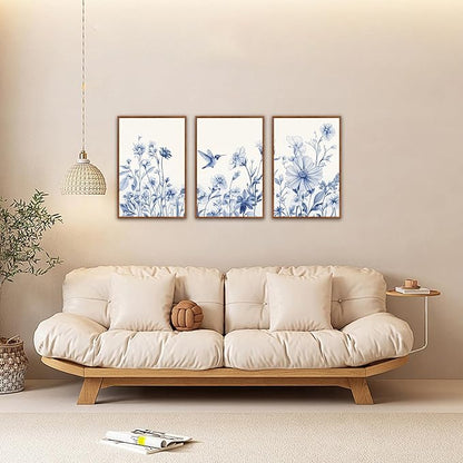 HLNIUC Chinoiserie Floral Wall art,Blue Flower Bird Wall Art,Minimalist Botaincal Artwork,Navy Blue Flower Framed Decor,Neutral Plants Painting,Daisy Prints for Livingroom,Bedroom,Office 16x24x3