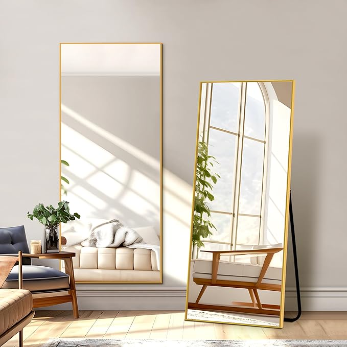 NicBex Full Length Mirror with Stand, 57"x 20" Gold Full Body Mirror, Aluminum Alloy Frame Floor Mirror, Free Standing Mirror, Wall-Mounted, for Bedroom Living Room Dressing Room