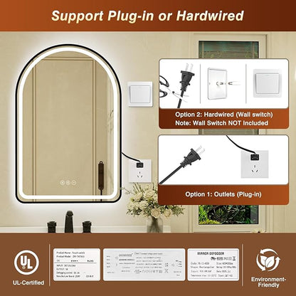 26x40 Inch Arched Black Framed LED Bathroom Mirror with Lights, Built-in Bluetooth Speaker,Tempered Glass,Dimmable Lighted Bathroom Vanity Mirror with 3 Colors, Backlit + Frontlit, Memory, Anti-Fog