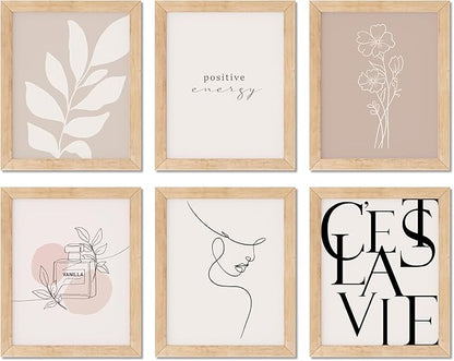 TwoDays Vanilla Girls Room Decor, Clean Girl Aesthetic Wall Art, Boho Beige Posters for Bedroom, Minimalist Cream Prints, Abstract Brown Pictures for Woman. (Set of 6, 10L x 8W, Framed)