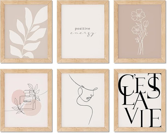 TwoDays Vanilla Girls Room Decor, Clean Girl Aesthetic Wall Art, Boho Beige Posters for Bedroom, Minimalist Cream Prints, Abstract Brown Pictures for Woman. (Set of 6, 10L x 8W, Framed)