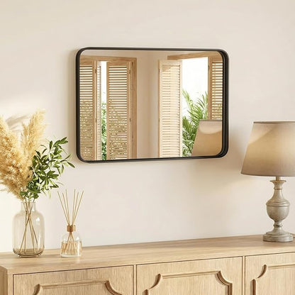 OLIXIS Bathroom Mirror for Over Sink, 24x32 Inch Wall Rounded Rectangle Mirror with Matte Metal Framed, Modern Wall Mount Vanity Mirror for Home Decor, Living Room, Bedroom, Black