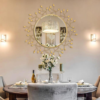 Chende 39" x 39" Gold Decorative Wall Mirror, Large Round Mirror with Metal Leaves, Gold Frame for Living Room, Entrance, Dining Room, Bedroom