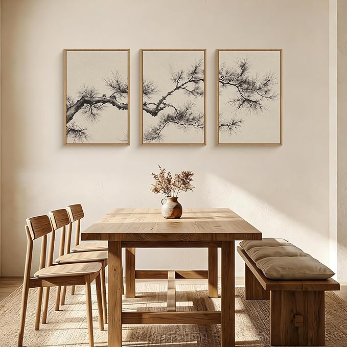HPNIUB Vintage Sketch Pine Tree Framed Canvas Wall Art Set, Brown Antique Tree Branch Wall Decor, Nature Botanical Art Print, Modern Landscape Pictures for Living Room, Bedroom, Office-24''x36''x3