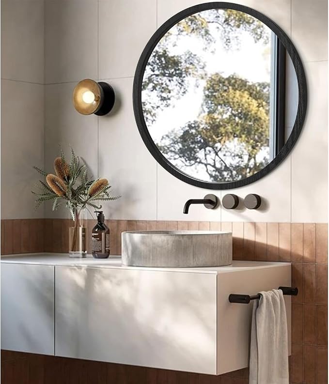 JJUUYOU Large Circle Wall Mirror 24 Inch for Home Decor Round Mirror for Bathroom Black Wall Mounted Wood Frame Mirrors for Living Room Bedroom Washroom Dorm
