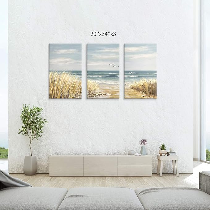 Hardy Gallery Abstract Beach Painting Wall Art: Seashore Artwork Hand Painted Coastal Picture on Canvas for Office (20'' x 34'' x 3 Panels)