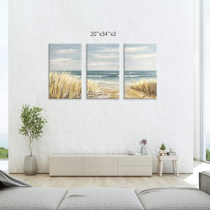 Hardy Gallery Abstract Beach Painting Wall Art: Seashore Artwork Hand Painted Coastal Picture on Canvas for Office (20'' x 34'' x 3 Panels)