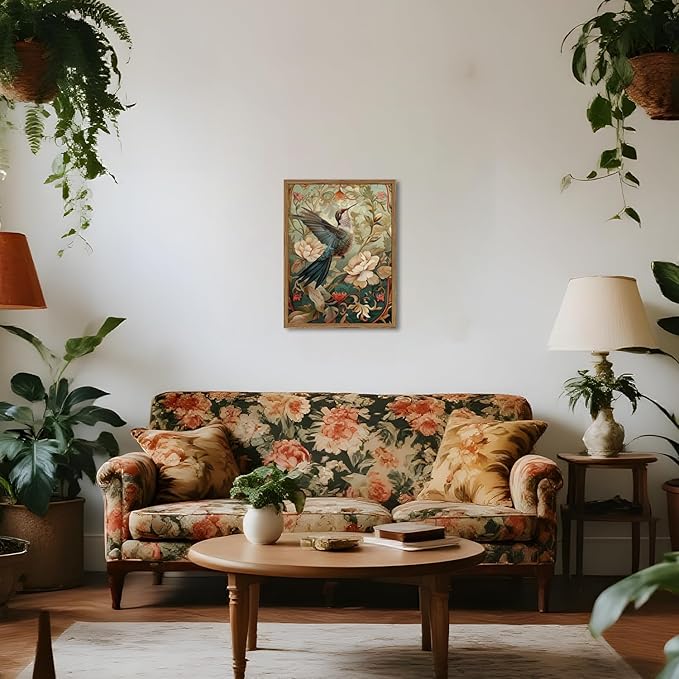 Framed Vintage Hummingbird Wall Art, Floral Bird Wall Decor Paintings, 3D Sandstone Textured Nature Botanical Pictures Prints Aesthetic Home Decor for Living Room Bedroom Bathroom Office 16x24 inch