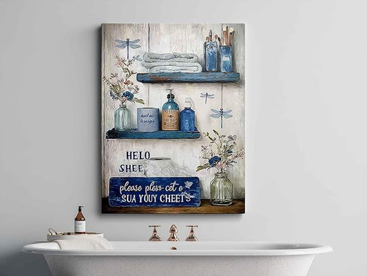 Navy Blue Bathroom Decor Wall Art Rustic Blue Bathroom Canvas Wall Decor Please Seat Yourself Sign Print Painting Vintage Aesthetic Picture Artwork Decor 12x16 Inches