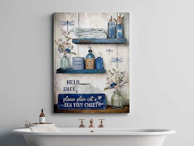 MAQCM Navy Blue Bathroom Decorative Wall Art Rustic Blue Bathroom Canvas Wall Decorative Please Sit In Your Own Logo Painting Painting Retro Aesthetic Pictures Artwork Decoration 16x24 Inches