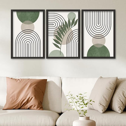 SRSZHIYUE Green Sage Boho Wall Art 16"×11" Set of 3 Abstract Framed Prints Modern Farmhouse Minimalist Geometric Line Leaf Bathroom Sign for Family Living Room Pictures Office Wall Hang Decor (Black)