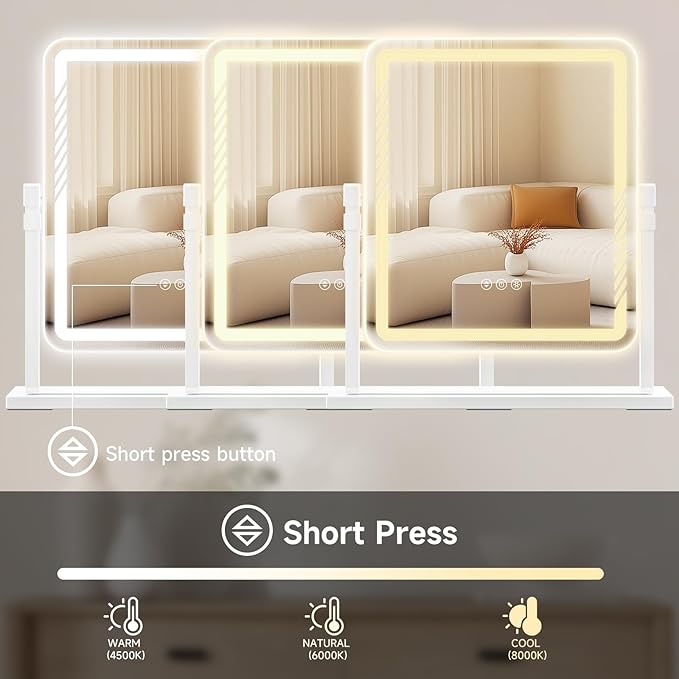Makeup Mirror with Lights, Height-Adjustable & 360° Rotation, 1/10X Magnification, Three Color Lighting Modes, Vanity Mirror Smart Touch Control, Large Vanity Desk Mirror (17.5in,White)