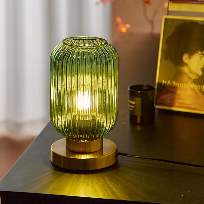 Bedside Table Lamp with Green Glass Shade, Small Nightlight Lamp Elegant Glass Nightstand Lamps Modern Desk Light with Plug-in Style for Bedroom Living Room Tabletop Dia5.9 x H9.8