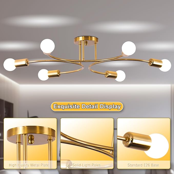 FRIXCHUR 6-Light Sputnik Chandelier, Gold Mid-Century Modern Semi Flush Mount Ceiling Light, Metal Fixture with E26 Sockets for Bedroom, Living Room, Kitchen (Bulbs Not Included)