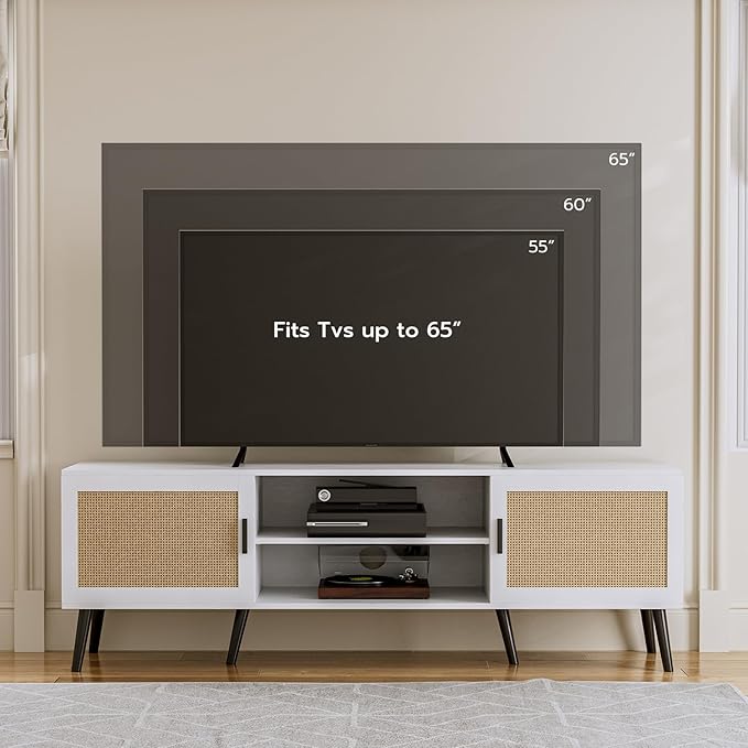 ZttRiee TV Stand for TVs up to 65'', Mid Century Modern Entertainment Center with Rattan Door, Shelves & 2 Cabinets, Boho Media TV Console for Living Room, Bedroom, White